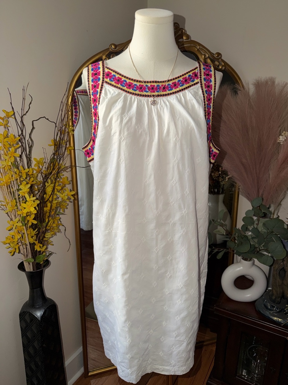 Old Navy White Shift Dress with Pink and Blue Embroidered Trim NWOT